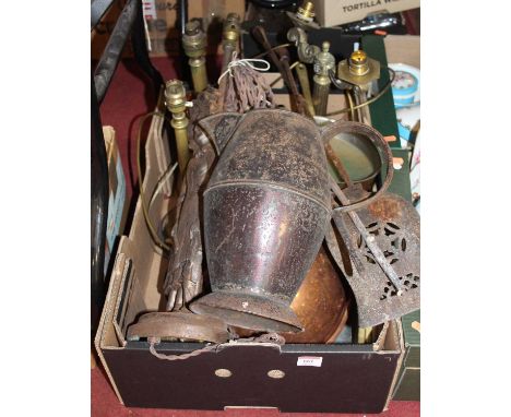 A box of metalware, to include brass table candlesticks and fire tools 