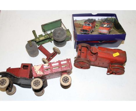 A collection of miscellaneous tinplate and other toys, to include clockwork tractor, Land Rover Challenge G4 etc 