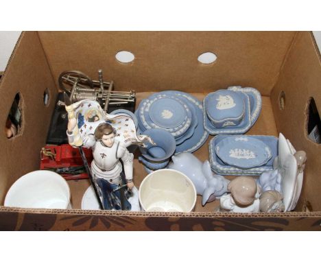 A collection of miscellaneous items to include Nao figure and Wedgwood blue jasper ware 