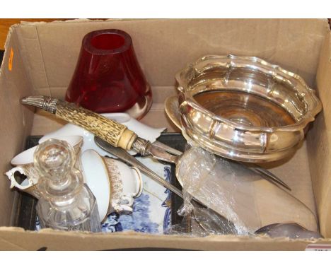 Miscellaneous items, to include a Royal Copenhagen model of a Robin, a Sheffield plated wine coaster, and a cut glass decante