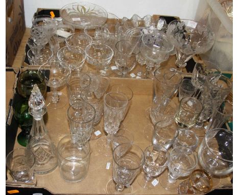 Two boxes of various drinking glasses to include a masonic etched drinking glass, a glass rinser, table bowl, comport etcCham