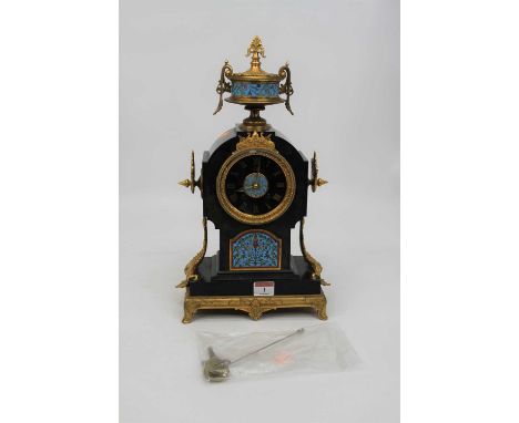 A late 19th century French black slate, cloisonne enamelled and gilt metal mounted mantel clock, surmounted by an urn above a