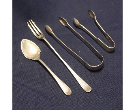 A pair of Georgian silver sugar nips; together with another pair of silver sugar nips; a silver spoon; and a silver pickle fo