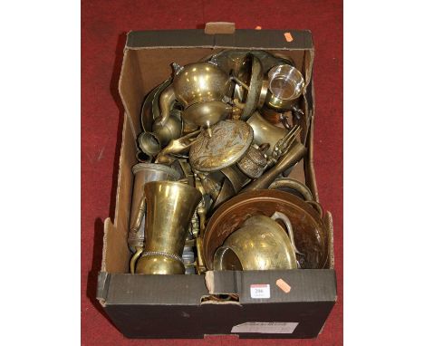 A box of miscellaneous metal wares to include eastern brass bowls, toasting fork, tea wares etc
