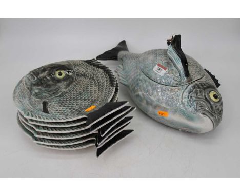 A Bordello Pinheiro Portugese part dinner service, to include tureen and cover in the form of a fish, with ladle, and further