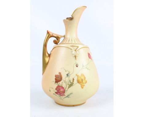 A Royal Worcester blush ivory gilt heightened floral decorated ewer of squat baluster form with leaf capped handle, marked in