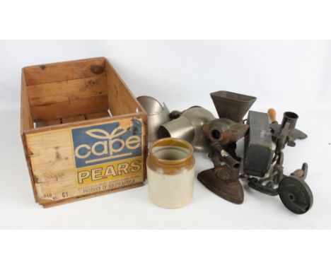 A small group of mainly kitchenalia items to include 'Magic Marmalade Cutter' and a mincer by S Nye & Co of London.