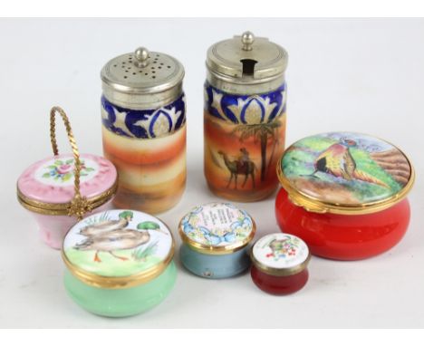 Two Halcyon Days enamel pill boxes (one af), a Limoges example modelled as a basket and two further boxes, also a Noritake sa