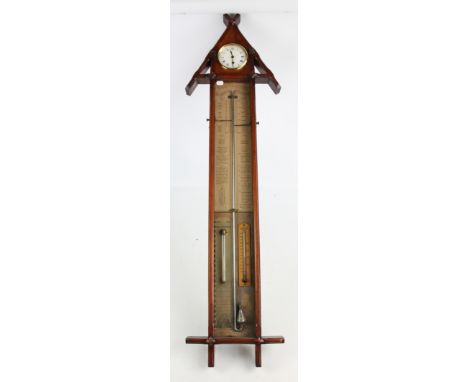 ADMIRAL FITZROY; a late 19th century mahogany cased barometer/thermometer, with triangular top set with thirty hour clock, he