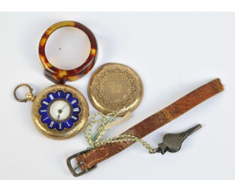 An early 20th century 14ct yellow gold half hunter key wind fob watch, the circular enamel dial and guilloche decorated chapt