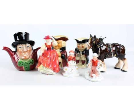 A mixed lot of ceramic figures to include Royal Doulton 'Buttercup' HN2399, a Melba ware cart horse and three character jugs 