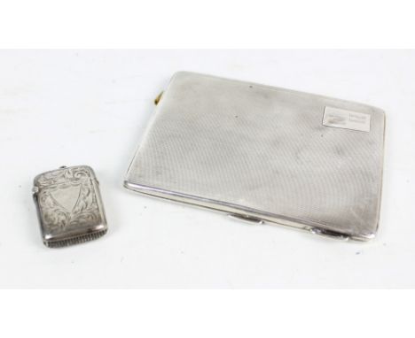 JOSEPH GLOSTER LTD; a George VI hallmarked silver cigarette case with engine turned decoration and initialled cartouche, insc