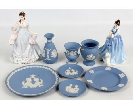 A small group of Wedgwood blue jasperware items to include commemorative pin dishes and vases, also a Royal Doulton figure HN