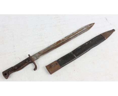  A WWI period bayonet with blade inscribed 'Erfurt', with leather and metal bound scabbard, length 52cm (badly af).