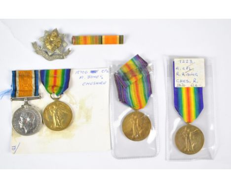 WWI MEDAL DUO, VICTORY MEDAL & WAR MEDAL  (all Cheshire Regiment); War and Victory Medals awarded to 15706 Cpl. M. Jones, Che