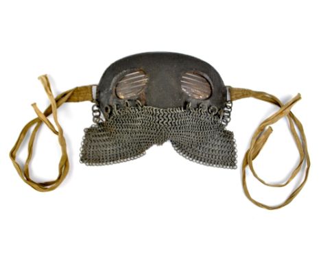 A rare WWI British tank crew splatter mask with ring loop chainmail drop, slatted eyes and cloth ties.