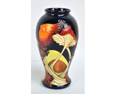 MOORCROFT; a large 'Parasol Dance' (mushroom) pattern tubeline decorated baluster vase with green impressed mark to base, hei