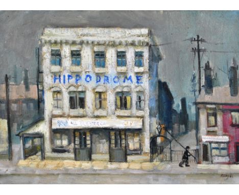 HAROLD FRANCIS RILEY DL DLITT, FRCS, DFA, ATC (born 1934); oil on canvas, a lamp lighter walking on a pavement before The Hip