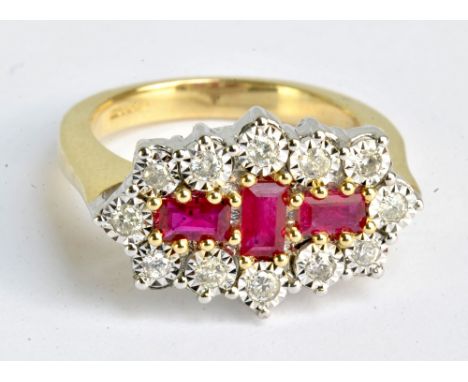 A 9ct yellow gold ruby and diamond ring, ring size P1/2 approx 8.4g.