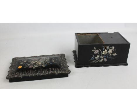 A Victorian papier mâché and mother of pearl inlaid two sectioned tea caddy, width 22cm (af).