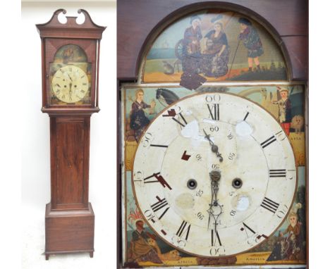 A late George III mahogany and inlaid eight day longcase clock, with broken swan neck pediment (af) above white enamel dial s