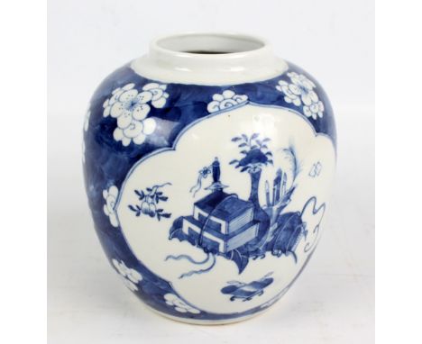 A late 19th/early 20th century Chinese porcelain ginger jar painted in underglaze blue with two opposing panels of various ob