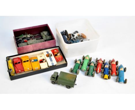 A collection of mid-20th century diecast play worn Dinky cars comprising seven racing cars and seven other cars, plus a Dinky