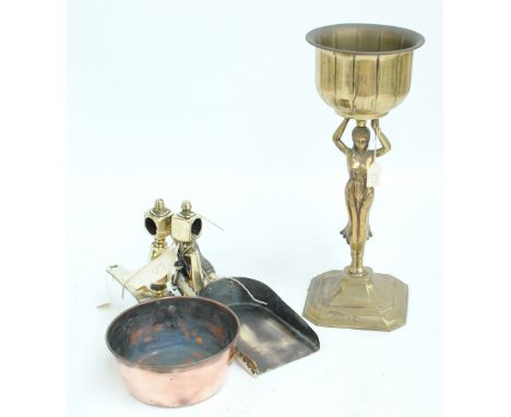 A small group of metalware to include a brass jardinière modelled as an Egyptian woman supporting a papyrus shaped planter, h