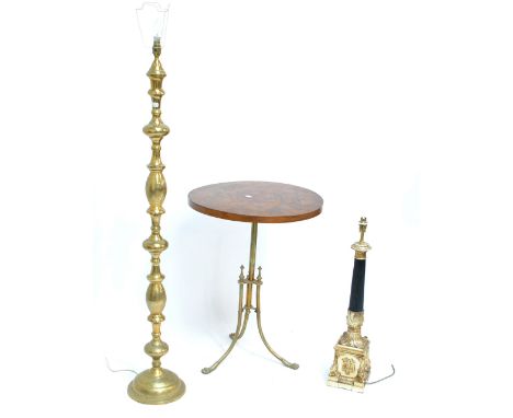 A brass standard lamp, a decorative table lamp and a circular occasional table with parquetry top (3).