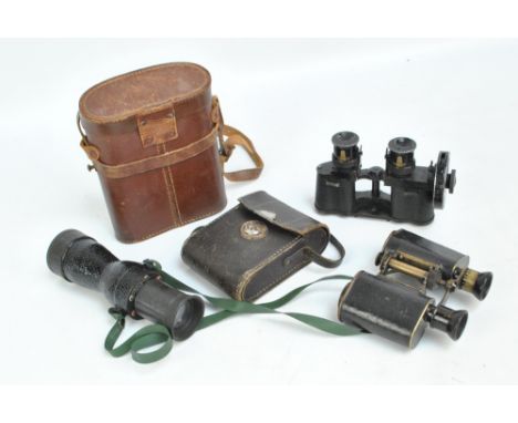 A pair of Broadhurst, Clarkson & Co leather cased binoculars, a further pair of binoculars, and another with side mounting br