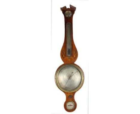 N. ORTELLY OF MACCLESFIELD; a 19th century mahogany and shell inlaid barometer/thermometer, height 98cm (top af).
