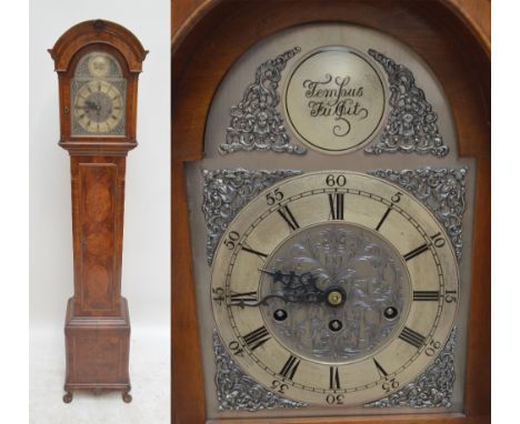 An early 20th century burr walnut longcase clock of small proportions with shell detail, the arched dial with pierced spandre