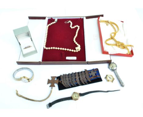 A small quantity of costume jewellery including simulated pearl necklace, dress ring, also ladies watches etc.