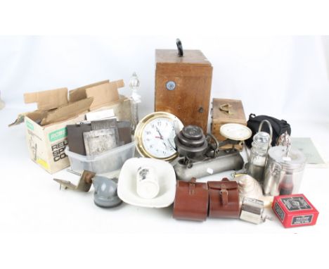 A large quantity of collectors' items including a re-loading tool, boxed microscopes, a set of kitchen scales, a silver bottl