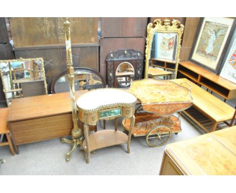 A reproduction cocktail trolley, width 77cm, a reproduction marble top kidney shaped table and a standard lamp (3).