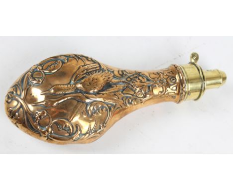 G & J. HAWKSLEY OF SHEFFIELD; a late 19th century copper and brass powder flask with game bird detail, dram divisions of 2 1/