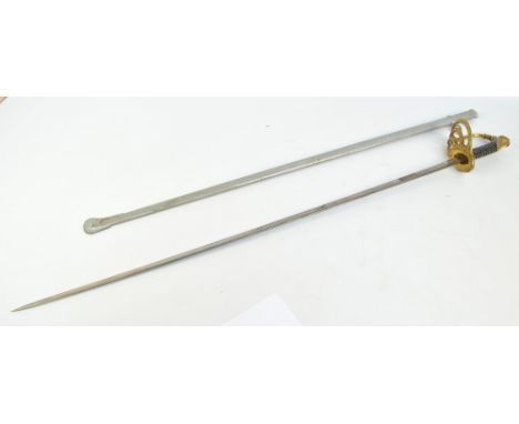 A Belgian officer's sword with pierced and gilded knuckle guard, the blade with etched and blued decoration, and inscribed 'P
