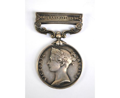 INDIA GENERAL SERVICE MEDAL 1854; 'Chin-Lushai 1889-90' clasp, awarded to 688 Pte J. H. Solley [?], 1st Bn. Ches. R.