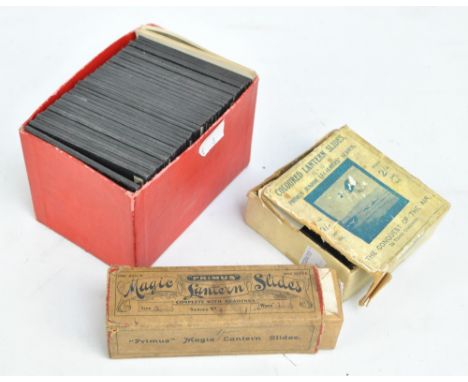 A box set of coloured lantern slides 'The conquest of the air', a small box set Primus magic lantern slides and a further qua