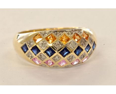 A 9ct yellow gold pink, blue and yellow sapphire and diamond ring, size L, approx 2.7g.