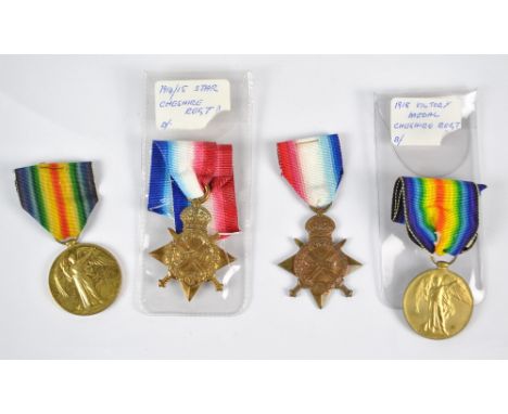 WWI MEDAL DUO (x2); 1914-15 Star and Victory Medal awarded to 10904 Pte. R. Taylor, Ches. R. and 2804 Pte. Chorlton, Ches. R.