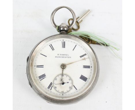 H SAMUEL OF MANCHESTER; a Victorian hallmarked silver key wind open face pocket watch, the white enamel dial set with Roman n