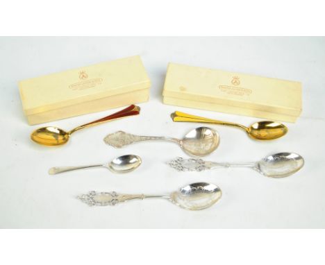 DAVID-ANDERSON; a pair of Norwegian sterling silver gilt yellow and red guilloche enamel decorated teaspoons, length 14.5cm, 