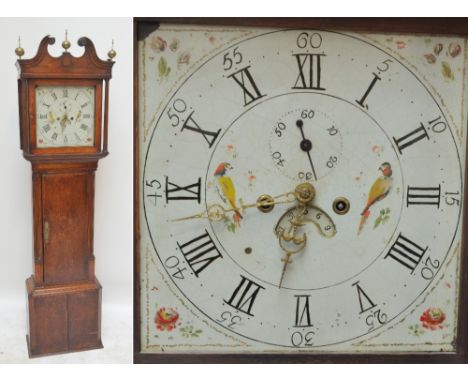 A 19th century oak cased longcase clock with broken swan neck pediment above enamel floral and bird painted dial set with Rom