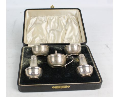 JOSEPH GLOSTER LTD; a cased George V and George VI hallmarked silver five piece cruet set, comprising mustard, open salts and