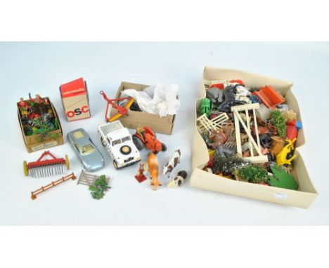 A collection of various lead, aluminium and plastic figures and farm animals, with various accessories including mainly gates