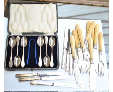 CW FLETCHER & SON LTD; a cased set of six George V hallmarked teaspoons, Sheffield 1917 (lacking sugar tongs), a set of six A