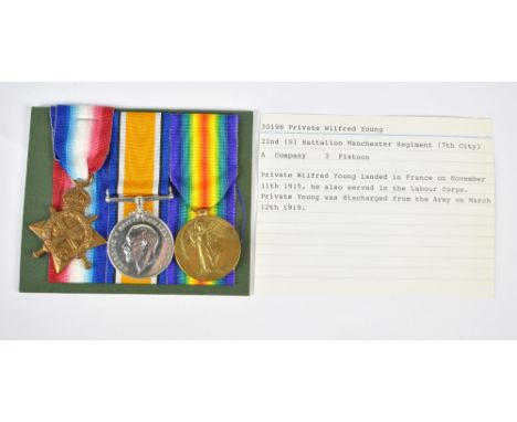 WWI MEDAL TRIO; 1914-15 Star, War and Victory Medals awarded to 20198 Pte. W. Young, Manch. R.