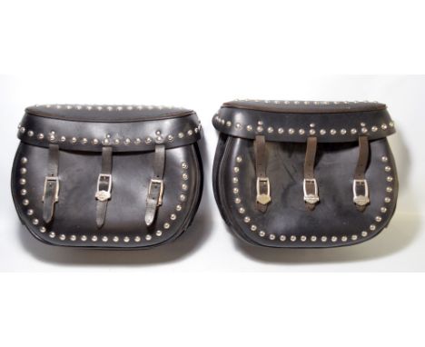 A pair of Harley Davidson black leather studded bags, with three buckles, width 44cm.