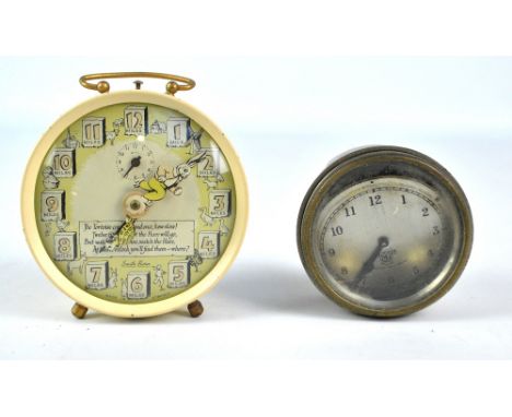 A Smiths MA dashboard clock, and a novelty nursery rhyme alarm clock, diameter 11cm (2).
